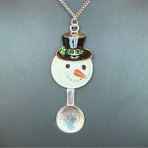 Frosty the Snowman Articulated Pendant Necklace Green Rhinestones Silver Tone